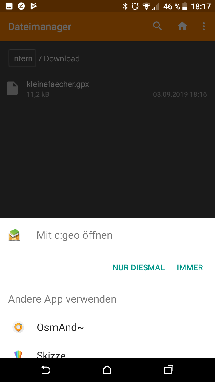 gpx Datei mit c:geo öffnen